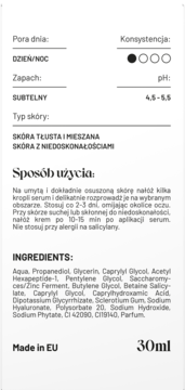 Tył serum Alkmie Routines 30ml: składniki, opis użycia, typ skóry (tłusta/mieszana), pH 4,5-5,5.
