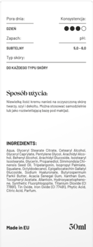 Tył opakowania kremu rozświetlającego Routines by Alkmie 50ml, szczegóły składu, sposób użycia, pH 5.0-6.0.