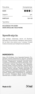 Tył opakowania neurokosmetyku Routines 50ml, krem-żel dla cery wrażliwej, z polskimi instrukcjami i składem.