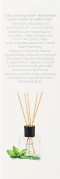 Domol Pure Freshness patyczki zapachowe. Flakon z miętą i morskimi nutami, drewniane patyczki i zielone listki.