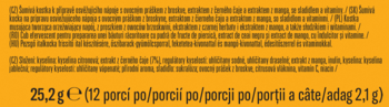 Tył opakowania Waterdrop kostek musujących, pomarańczowe tło, waga 25,2g i 12 porcji.