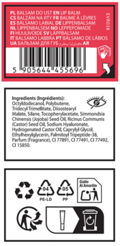 Tył nawilżającego Peptide Lip Tint Coral Spritz Everybody London, lista składników, kod kreskowy i recykling.