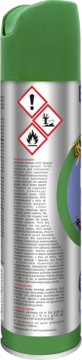 Środek owadobójczy Bros w aerozolu, zielona zakrętka, srebrne opakowanie, z piktogramami zagrożenia i listą składników.