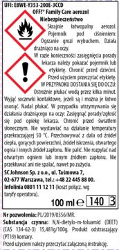 OFF! Family Care aerozol, etykieta z ostrzeżeniami o łatwopalności i działaniu drażniącym na oczy, widok z przodu.