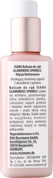 Tył różowej butelki balsamu do rąk Isana Glamorous Sparkle, z etykietą i polskim opisem o jaśminie.