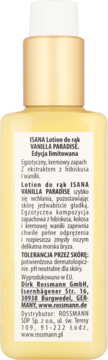 Balsam do rąk ISANA Vanilla Paradise, żółta butelka z białą pompką, tył z etykietą: zapach hibiskusa i wanilii, polski opis.