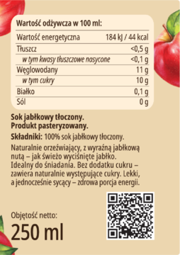 Tył opakowania soku jabłkowego Rembowskich 250 ml. Widoczna etykieta z wartościami odżywczymi i składem.