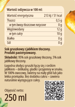 Tył opakowania soku gruszkowo-jabłkowego 250 ml, z widoczną tabelą wartości odżywczych i składnikami po polsku.