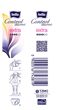 Przednia i tylna strona opakowania wkładek urologicznych Bella Control Discreet Extra. Białe, z logo bella, QR kodem i instrukcją użycia.