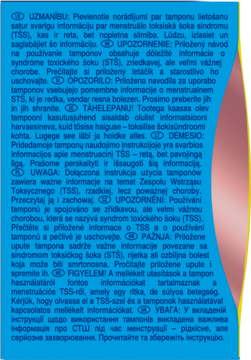 Close-up of a multilingual warning label about Toxic Shock Syndrome (TSS) on a blue and yellow tampon package.