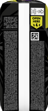 Tył czarnego opakowania chłonnej bielizny na noc Ninjamas z białym paskiem, żółtym 'OPEN HERE', QR i FSC logo.