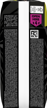 Chłonna bielizna Ninjamas, bok czarno-białego opakowania z różową etykietą 'OPEN HERE' i kodem QR.