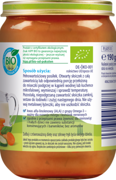 Tył słoiczka HiPP BIO Penne z pomidorami, marchewką i cukinią. Widoczne instrukcje użycia i certyfikat BIO.