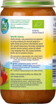Tył etykiety HiPP BIO kluseczki z gulaszem wołowym dla dzieci. Widoczne info: użycie, Omega-3, bez konserwantów.