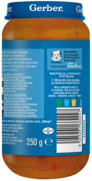 Tył słoiczka Gerber Zupa Gulaszowa Junior 12m+ z ALA Omega-3. Niebieska nakrętka, biała etykieta z kodem i tekstem.