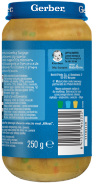 Tył szklanego słoiczka zupki Gerber Junior 250g, z niebieską etykietą, tekstem, kodem kreskowym.