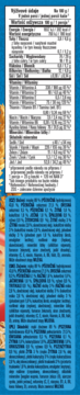 Etykieta produktu Gerber Junior Crunchy Bites 8 Zbóż z Truskawką, białe tabele wartości odżywczych na niebieskim tle.