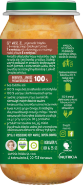 Tył opakowania Bobovita Kaszotto. Zielona etykieta z cechami produktu i informacjami o składzie.