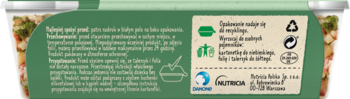 Tył opakowania BoboVita Małe Odkrycia Makaron rurki z brokułami i szynką, zielona etykieta z symbolami recyklingu.