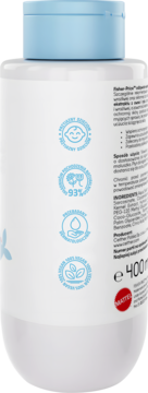Tył białej butelki płynu do kąpieli Fisher Price Hello Bath Time 400ml, ikony: 93% naturalnych składników, wegański.
