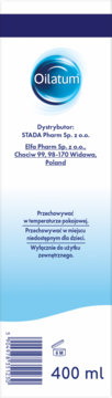 Tył białej butelki Oilatum mleczko do ciała 400 ml z niebieską grafiką, kodem kreskowym i polskimi informacjami.