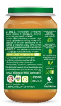 Tył słoiczka Bobovita brzoskwinia jabłko mango dla niemowląt. Zielona etykieta, 100% owoców, bez glutenu.