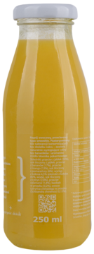 Tył butelki smoothie owocowego z mango, pomarańczą, bananem 250 ml, z etykietą, składem i kodem QR.