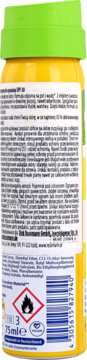 Tył żółtego sprayu Sunozon Sport SPF 30 z zieloną nakrętką, widoczna etykieta ze składem, kodem i ostrzeżeniem o ogniu.