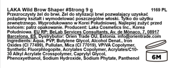 Tył opakowania LAKA Wild Brow Shaper #Strong, widoczna lista składników, polski tekst i znak PAO 6M.