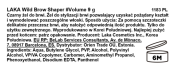 Tył opakowania LAKA Wild Brow Shaper, czarny żel do brwi, z polską etykietą i listą składników.