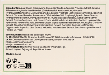 Tył opakowania maski Axis-Y Mugwort Pore Clarifying Wash Off z listą składników, danymi producenta i wegańskim logo.