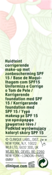 Tył opakowania Clinique, korekcyjny podkład z SPF 15, tekst, logo, jasne tło z liśćmi.