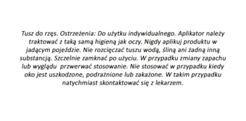 Ostrzeżenia dotyczące użytkowania tuszu do rzęs, polski tekst na białym tle, widok z bliska.