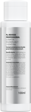 Biały szampon Revoss Professional regenerujący z keratyną, tył butelki z polskim opisem 100ml.