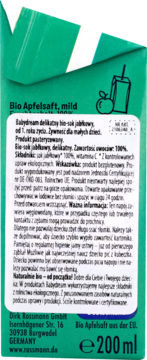 Tył zielonego kartonu soku jabłkowego Babydream Bio 200 ml dla dzieci od 1. roku życia, z informacjami o składzie.
