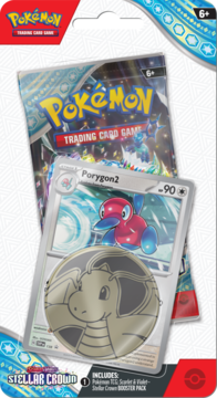 Pokémon TCG Stellar Crown booster: karta Porygon2, moneta Dragonite. Widok z przodu opakowania Scarlet & Violet.