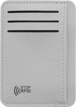 Jasnoszare prostokątne etui RFID na karty, skóropodobne, z 3 przegródkami i napisem STOP RFID, widok z przodu.