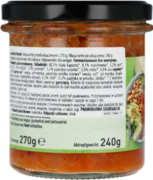 Tył szklanego słoika z kimchi, fermentowanymi warzywami. Na etykiecie polski opis i waga 270g.