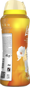 Lenor Gold Orchid & Vanilla perełki do prania, pomarańczowe opakowanie, widok z boku, etykieta, kwiat orchidei, 495 g e.