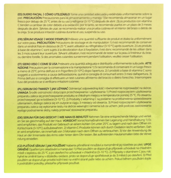 Ulotka informacyjna serum Anua Green Lemon Vita C z drobnym tekstem w wielu językach na żółtym tle.