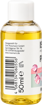 Tył przezroczystej butelki olejku Isana Professional Plex 50ml, złota ciecz, z etykietą i kodem kreskowym.