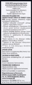 Tył opakowania kremu przeciwzmarszczkowego ISANA MEN z Q10, E, peptydami, SPF 15, czarna etykieta z białym tekstem.