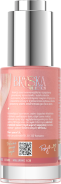 Tył różowo-pomarańczowego serum Stars x Bryska, baza i serum w butelce z pompką, widoczne napisy i QR kod.