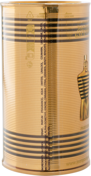 Złota puszka perfum Jean Paul Gaultier Le Male Elixir, widok z boku z czarnymi paskami i listą składników.