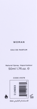 Tył jasnofioletowego opakowania perfum damskich WOMAN EAU DE PARFUM 50ml z kodem kreskowym i ikonami.