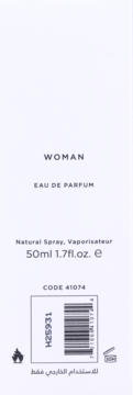 Biała etykieta perfum WOMAN EAU DE PARFUM 50ml, z kodem kreskowym i oznaczeniami, widok z przodu.