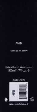 Tył czarnego opakowania perfum Man Eau de Parfum 50ml, z białym tekstem, kodem 41079 i kodem kreskowym.