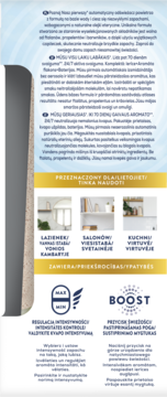 Tył opakowania Air Wick Active Fresh, automatycznego odświeżacza, z opisami, ikonami pomieszczeń i kontroli intensywności.