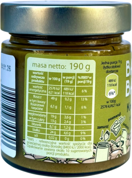 Tył słoika kremu pistacjowego Basia Basia 190g, z biało-zieloną etykietą i szczegółowymi wartościami odżywczymi.
