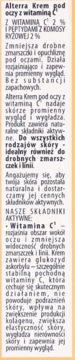 Fragment etykiety Alterra Krem pod oczy z witaminą C, opisujący składniki, redukcję zmarszczek i opuchlizny.